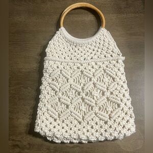 Handcrafted white Crochet Bag with Wooden Handles